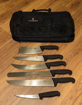 Conjunto e bolsa de facas culinárias Victorinox 6 peças Fibrox Deluxe. 4 facas See Pics - Imagem 1 de 4