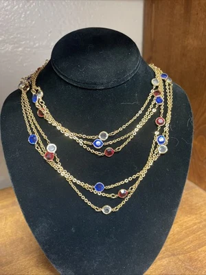 Swarovski Bezel Set Crystal Necklaces Set Of 3 Gold Tone Red, Clear, Blue 34” - Image 1 of 4
