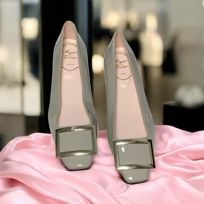 Roger Vivier $920 7 US 37 EU Gray Patent Leather Ballet Flats Shoes Bag NWOB - Image 1 of 4