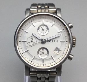 Fossil Boyfriend Chronograph Watch Mens 38mm Silver Tone ES2198 New Battery 6.5" - Picture 1 of 13
