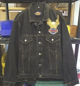 Harley Davidson Branded Black Denim Jacket Vintage Eagle Front And Back Size Med - Picture 1 of 23