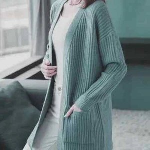 100% Acrylic Long Knitted Cardigan in Fisherman Rib Pocket - Picture 1 of 6