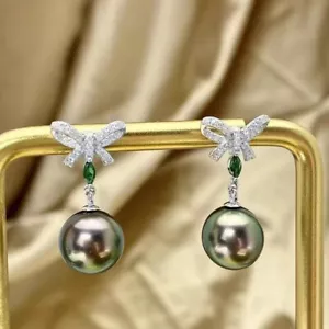 stunning 10-11mm tahitian round black green pearl dangle earring 925s(t) - Picture 1 of 3
