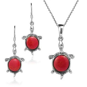 Sea Life Happy Turtles Red Coral .925 Sterling Silver Necklace Earrings Set - Picture 1 of 6