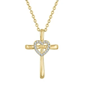 14K Yellow Gold Plated Silver Accent Round Moissanite Cross Pendant Mothers Day - Picture 1 of 1