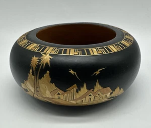 Vintage Handmade Straw Marquetry Wooden Bowl Village Scenery 6” D Trinket Bowl - Picture 1 of 14