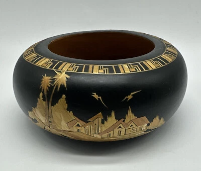 Tigela de madeira vintage feita à mão para marchetaria de palha cenário de vila 6” D tigela de bugigangas - Imagem 1 de 4