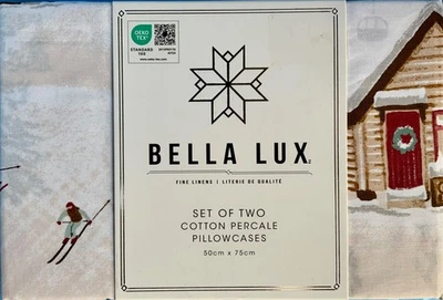 BELLA LUXE SET OF 2 STANDARD PILLOWCASES. CHRISTMAS SKIERS. 50x75cm FREE UK P&P - Image 1 of 2