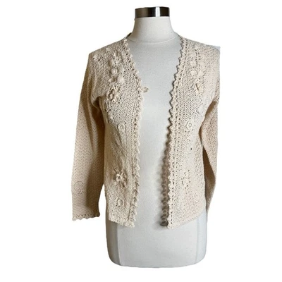 Cárdigan abierto vintage April Cornell beige tejido a ganchillo para mujer talla pequeña” Foto 1 de 4