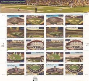 Hoja de 20 estampillas de campos de béisbol de 2001 de estampillas Scott #3510-9 de Estados Unidos - Imagen 1 de 1