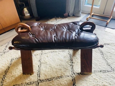 Moroccan camel saddle stool exquisitely crafted. Leather mahogany brass inlay. - Image 1 of 4