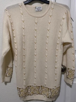 Suéter vintage Marisa Christina Classics mujer beige cuentas talla mediana Foto 1 de 4