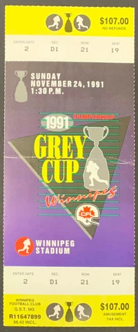 1991 Grey Cup CFL Football Full Ticket Winnipeg Stadium Argonauts vs Stampeders Cover