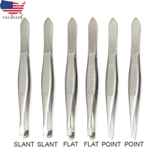 Tweezers, Flat, Slant, Point Tweezers - Stainless Steel High Gloss Tweezers Set - Picture 1 of 11