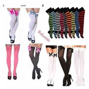 Ladies Over The Knee Hold Up Sock /Stripe Plain Thight High With Bow Fancy Dress - Picture 1 of 30