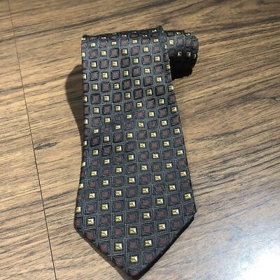Corbata de seda ROBERTO VILLINI Couture ITALIA cuadrados geométricos marrón negro dorado Foto 1 de 4