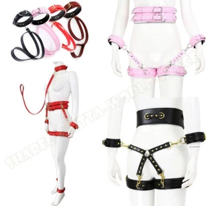 Restricted PU Leather Restraint Handcuffs Neck Collar Waist Thigh Cuffs Hog-tie - Picture 1 of 30