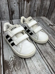 Toddler Adidas Sneakers Athletic Shoes Size 6K White Blue Stripes Hook And Loop - Picture 1 of 8