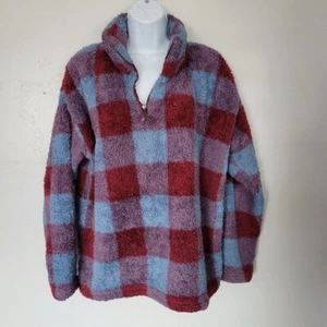 Eddie Bauer Womens XL Quarter Zip Pullover Furry Fuzzy Blue Burgundy Check Plaid - Picture 1 of 8