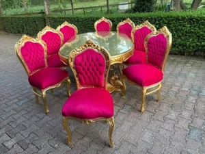 Dining Table with 6 Chairs: 7-Piece Gold Baroque Set Red Velvet Luxury Furniture - Picture 1 of 24