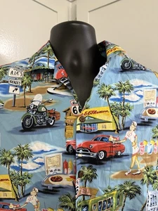 Vintage Aloha Republic Hawaiian Shirt Route 66 Print L Cotton 1990s Rockabilly - Picture 1 of 8