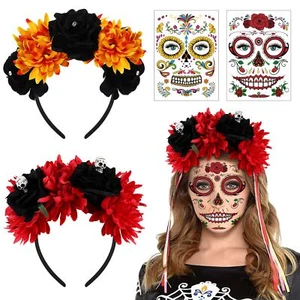 Day of The Dead Headband 2Pcs Mexican Flower Crown Festival Headband with 2PC... - Picture 1 of 9