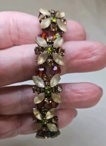 LOVELY Yellow, Amber Aurora Borealis Beads & Green Stones RHINESTONE BRACELET - Picture 1 of 5