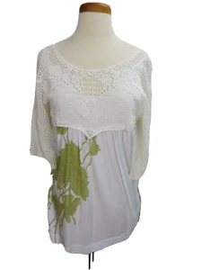 Language Tunic Top M Boho Crochet Accents Scoop Neck Cotton Blend White Green - Picture 1 of 4