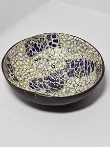 Mosaik Handarbeit Kokosnuss Schale 5,5" Schale lila gold weiß Kunstwerk dekorativ  - Bild 1 von 9