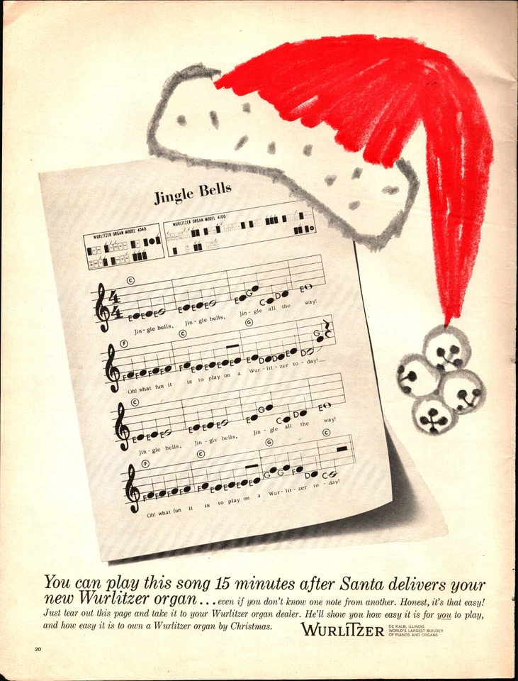 1963 Wurlitzer Organ Christmas Print Ad, Jingle Bells Music, Santa Hat B6 - Image 1 of 1