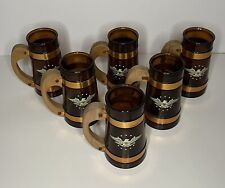 Set of 6 Vintage Siesta Ware Amber Glass Patriotic Eagle Wooden Handle Mug Stein