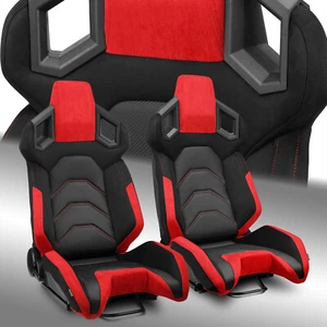 Pure Black+Red Reclinable PVC Car Racing Seats Pair [Pure Series] W/Slider L&R - Picture 1 of 7