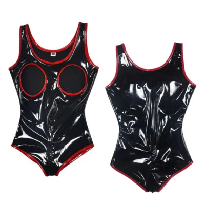 Women Faux Latex Bodysuit Wet Look Jumpsuits Sexy Erotic Hollow Out Clubwear - image 1 of 4