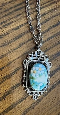 Pendant Floral Painted Silver Necklace Jewelry Vintage Flowers Foto 1 de 4