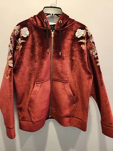 Sandro Paris Womens Velvet Hooded Thick Jacket Embroidered In Bordeaux Sz S NWT - Picture 1 of 14