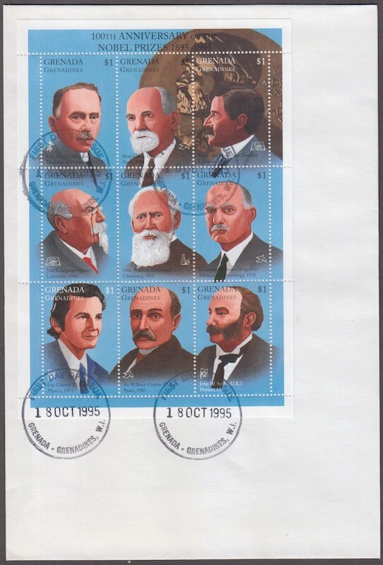 GRENADA GRENADINES Sc #1772a-i FDC  SHEET of 9 DIFF NOBEL PRIZE LAUREATES - Image 1 of 1