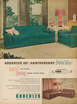 1953 Kroehler Furniture Vintage Print Ad Living Room Sofa Couch Chair Table Lamp - Image 1 of 4
