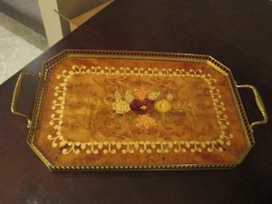 14" Marquetry Serving Tray Wood Inlaid Brass Handles - Picture 1 of 7