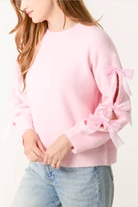 Women’s Wool Blend Oversized Bow Split Sleeves Soft Knit Crew Neck Short Jumper. - Picture 1 of 18