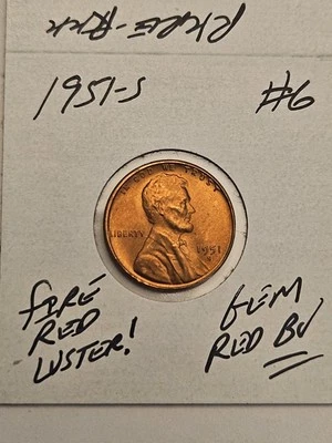 wheat penny 1951S LINCOLN CENT GEM RED BU 1951-S NICE FIRE RED UNC LOT #6 - Image 1 of 3
