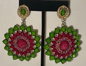 Gold Tone Pink Rhinestone 2" Dangle Pierced Earrings Jewelry GAR4-65 - Picture 1 of 7