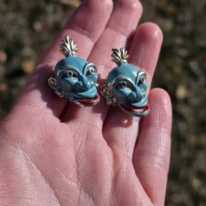 Vintage 1940er seltene blaue Emaille Streupaar Dschinn Brosche Anstecknadel Gesicht figural  - Bild 1 von 10