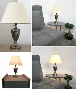 Vintage Tischlampe Antik Messing Nachttisch Lounge Licht Lampen Baumwollschirm 44x31cm - Bild 1 von 8