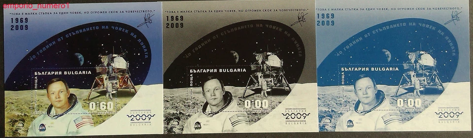 BULGARIA 2009, ESPACIO, ATERRIZAJE LUNAR, 3 SOUV. HOJAS, NORMAL+ AZUL, NEGRO ESTAMPADO UV Foto 1 de 1