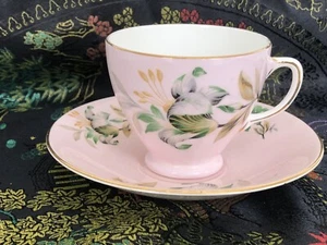 The Old Royal Bone CHINA TEA CUP & SAUCER Green Alstroemerias On Pale Pink - Picture 1 of 5