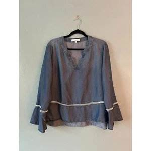 Fourteenth Place women's x-large Chambray popover top long Sleeve white trim  - Picture 1 of 4