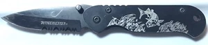 Winchester Black Folding Pocket Knife Angler Fish Design Combo Frame Lock VGUC - Picture 1 of 3