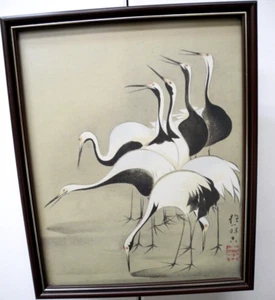 JAPANESE WATERCOLOUR PAINTING DRAWING BIRDS STORKS CRANES SIGNED FRAMED - Picture 1 of 5