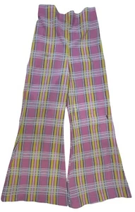 Vintage 1970s Girls Pink Plaid Pants Sz 10 Flare Bell Bottoms Costume Stretch - Picture 1 of 11