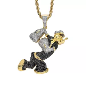 Cartoon Popeye Pendant Hip hop Jewelry Gold Filled Colorful CZ DJ Chain Necklace - Picture 1 of 6